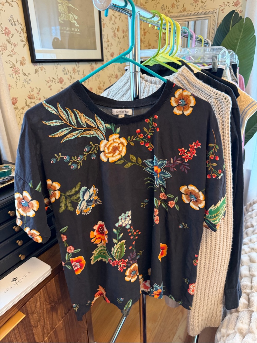 Johnny Was silk black floral tshirt sz S